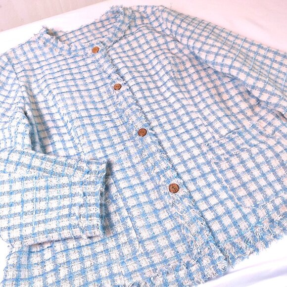 Woman's Jacket Plaid Tweed 4XL blue-white classic elegant plus size - Picture 3 of 6